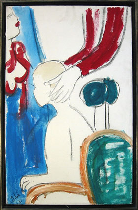 "Beim Friseur", 80x50cm, Kohle+Acryl auf LW, 2004